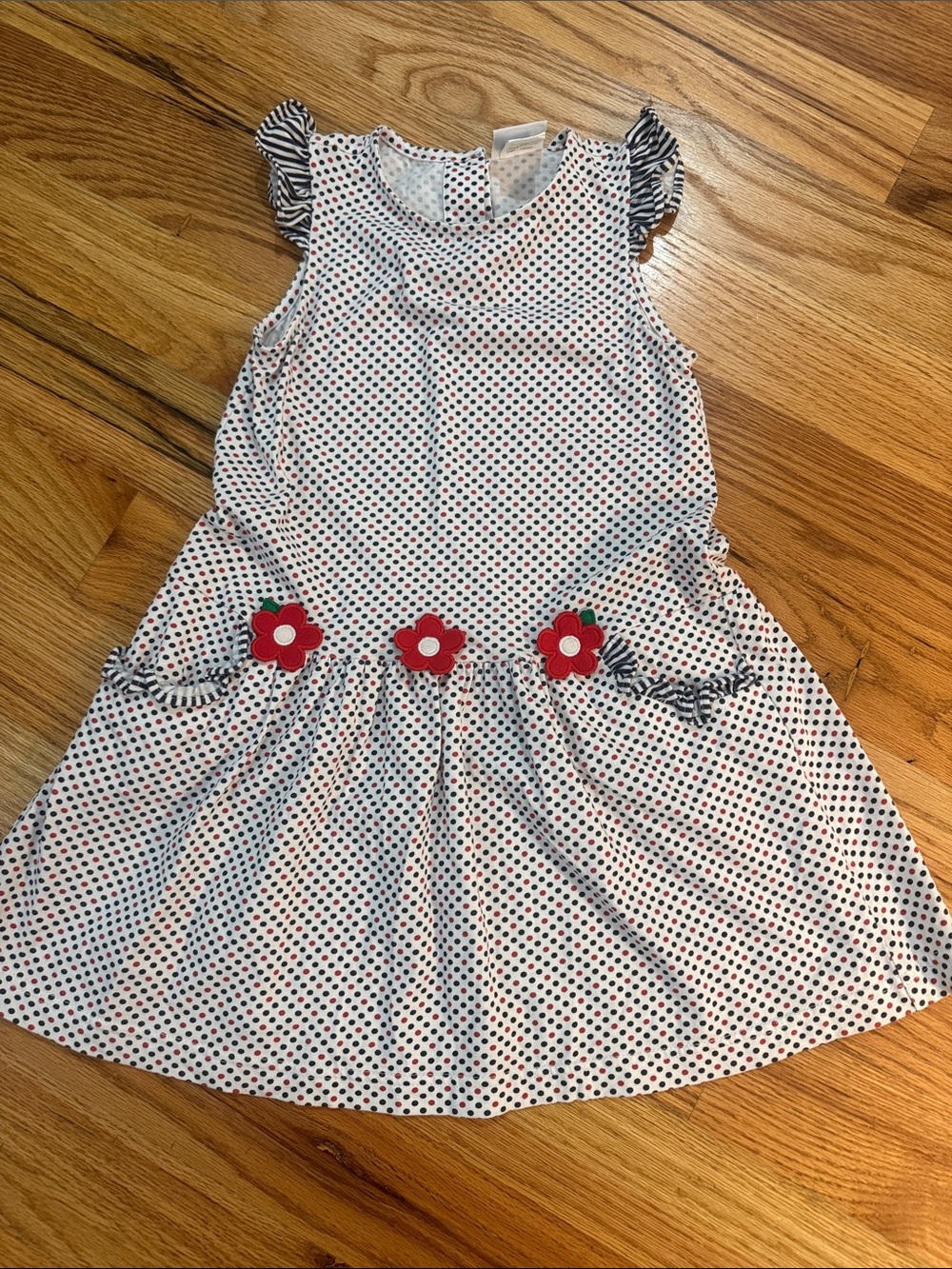 Florence Eiseman White Polka Dot Dress with Red Flower Accents